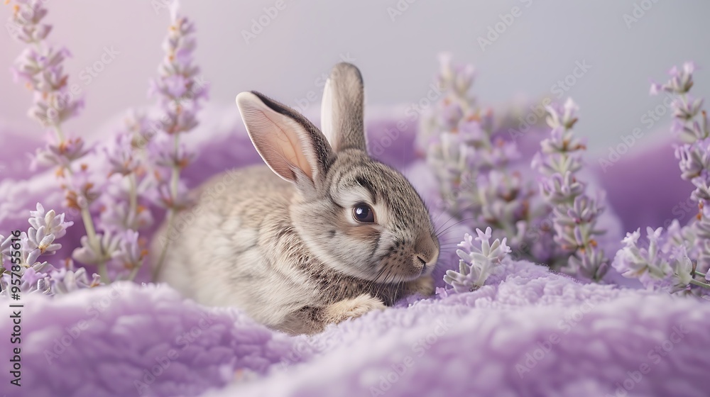 Fototapeta premium A young cuddly bunny resting on a delicate purple backdrop