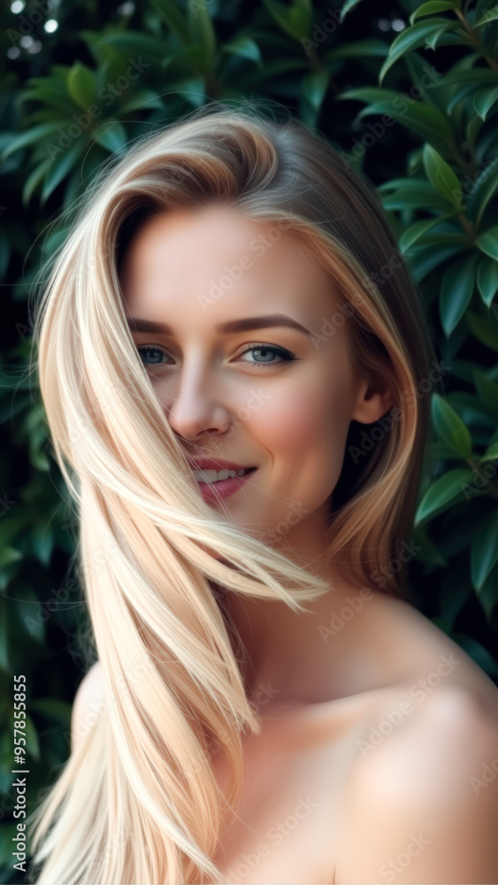 Blonde woman smiling with hair covering part of her face Blonde woman smiling with hair covering part of her face