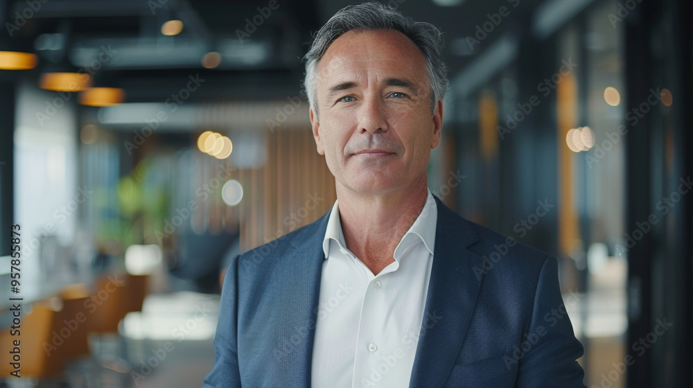 Fototapeta premium Professional man in suit standing confidently in modern office environment, conveying leadership and authority.