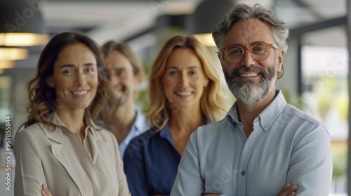 Professional team smiling together in modern office environment, showcasing collaboration and positivity.