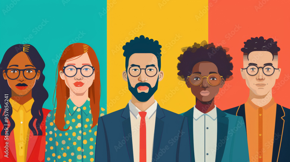 Diverse group of people showcasing individuality and style in vibrant illustration. Diverse group of people showcasing individuality and style in vibrant illustration.