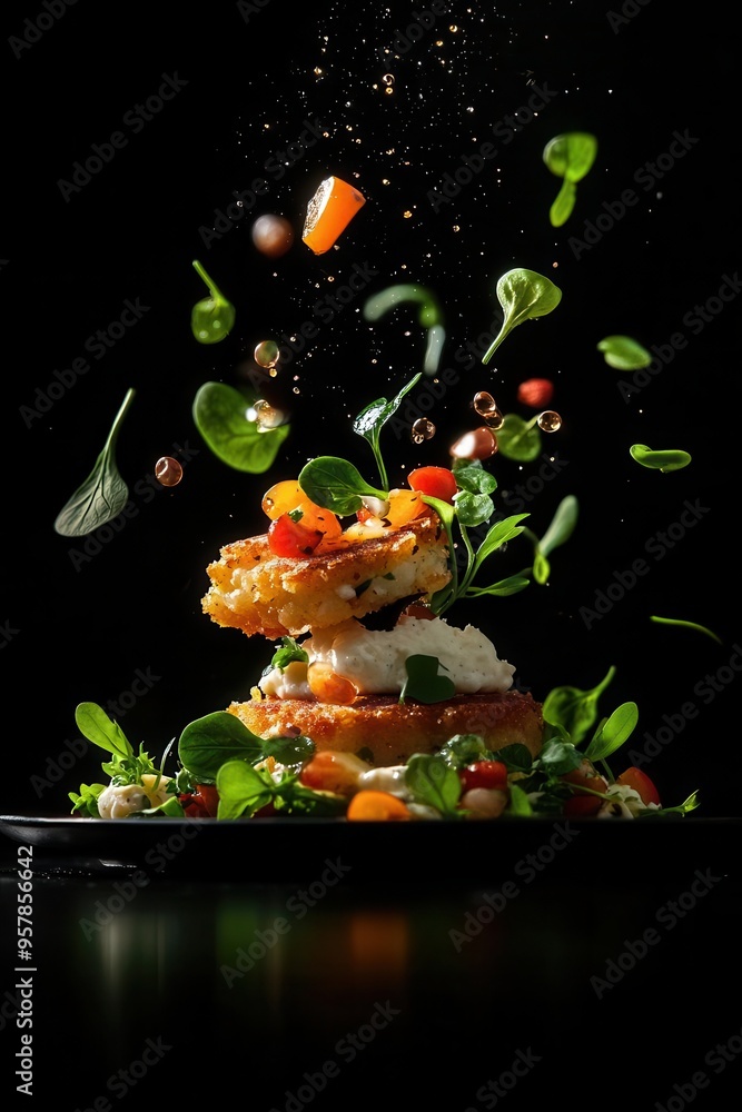 A vibrant salad tower topped with fresh greens and colorful vegetables, elegantly suspended against a dark background. A vibrant salad tower topped with fresh greens and colorful vegetables, elegantly suspended against a dark background.