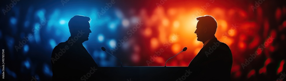 Two silhouettes of speakers engaged in a debate under dramatic lighting, symbolizing diverse perspectives and engagement. Two silhouettes of speakers engaged in a debate under dramatic lighting, symbolizing diverse perspectives and engagement.