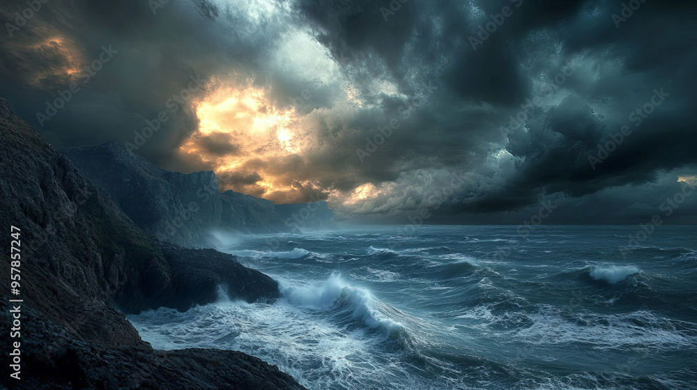 A dramatic sky filled with dark storm clouds over a restless sea, with waves crashing against rocky cliffs A dramatic sky filled with dark storm clouds over a restless sea, with waves crashing against rocky cliffs