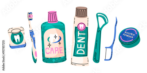 Set of elements on the topic of dental hygiene. Toothbrushes, pastes and other means of cleaning the oral cavity. Vector illustration in a modern flat cartoon style.