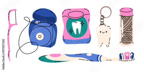 Set of elements on the topic of dental hygiene. Toothbrushes, pastes and other means of cleaning the oral cavity. Vector illustration in a modern flat cartoon style.