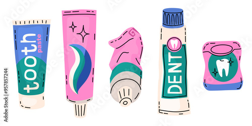 Set of elements on the topic of dental hygiene. Toothbrushes, pastes and other means of cleaning the oral cavity. Vector illustration in a modern flat cartoon style.