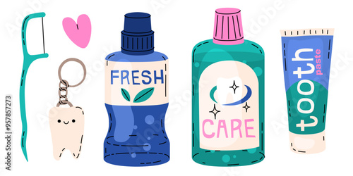 Set of elements on the topic of dental hygiene. Toothbrushes, pastes and other means of cleaning the oral cavity. Vector illustration in a modern flat cartoon style.