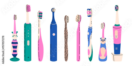 Set of elements on the topic of dental hygiene. Dental brushes for children and adults. Electric means of cleaning the oral cavity. Vector illustration in a modern flat cartoon style.