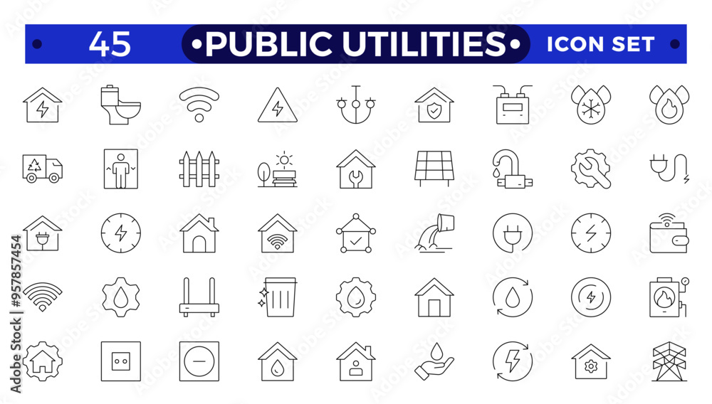 Public utilities, service. Set of Outline icons in linear style. Electricity, water supply, gas supply, drainage, garbage removal, major repairs, cold, hot water. Outline conceptual pictogram. Public utilities, service. Set of Outline icons in linear style. Electricity, water supply, gas supply, drainage, garbage removal, major repairs, cold, hot water. Outline conceptual pictogram.