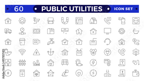 Public utilities, service. Set of Outline icons in linear style. Electricity, water supply, gas supply, drainage, garbage removal, major repairs, cold, hot water. Outline conceptual pictogram.