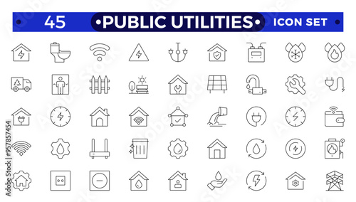 Public utilities, service. Set of Outline icons in linear style. Electricity, water supply, gas supply, drainage, garbage removal, major repairs, cold, hot water. Outline conceptual pictogram.