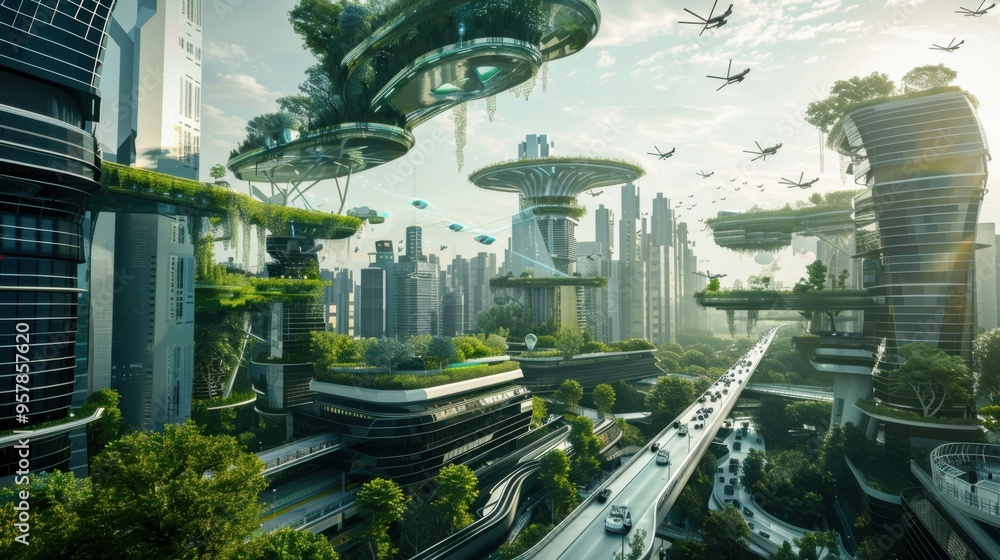 Obraz premium Eco-Tech Utopia. Futuristic cityscape blending nature and technology concept