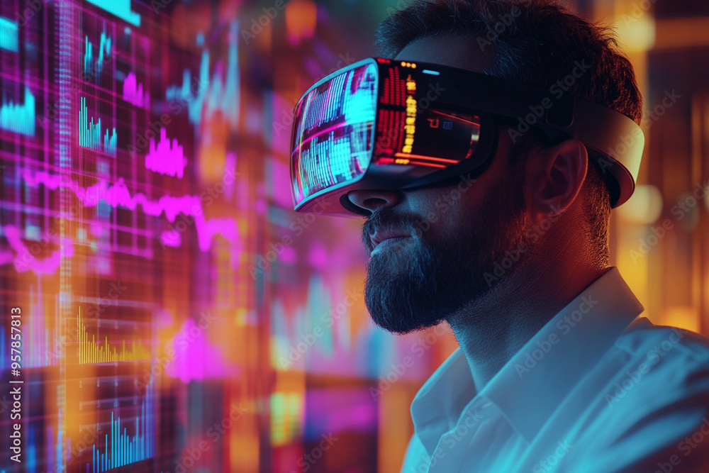 Data analysis, virtual reality glasses Holographic financial graphs while wearing VR glasses. Data analysis, virtual reality glasses Holographic financial graphs while wearing VR glasses.