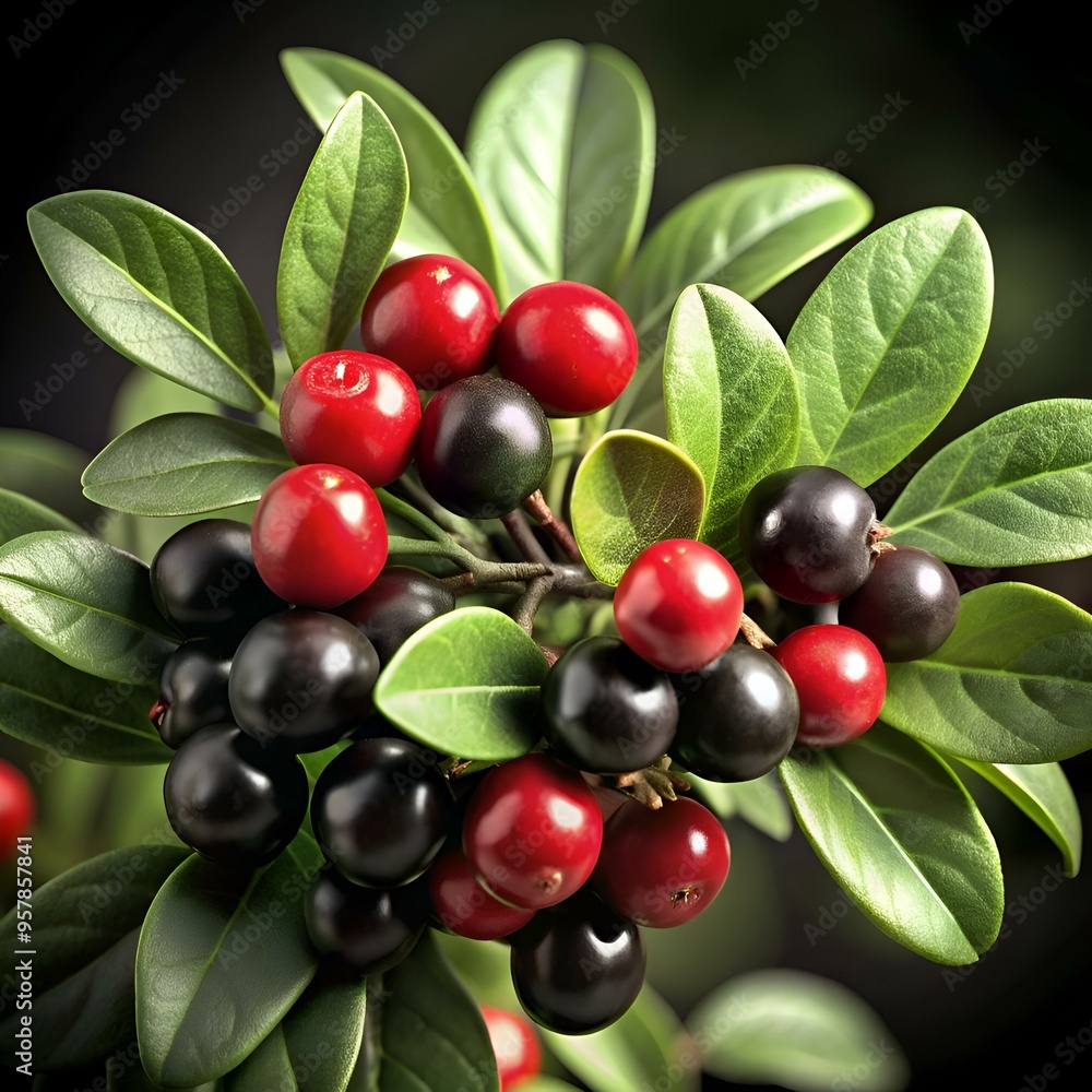 A vibrant 3D illustration showcasing a sprig of huckleberries. featuring ripe red berries and glossy black ones. nestled amidst lush green leaves. A vibrant 3D illustration showcasing a sprig of huckleberries. featuring ripe red berries and glossy black ones. nestled amidst lush green leaves.