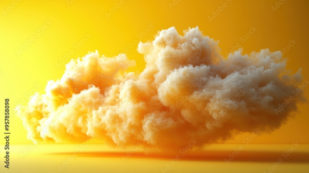 3D render of a white fluffy cloud levitating in a room with a yellow background, modern abstract design. 3D render of a white fluffy cloud levitating in a room with a yellow background, modern abstract design.