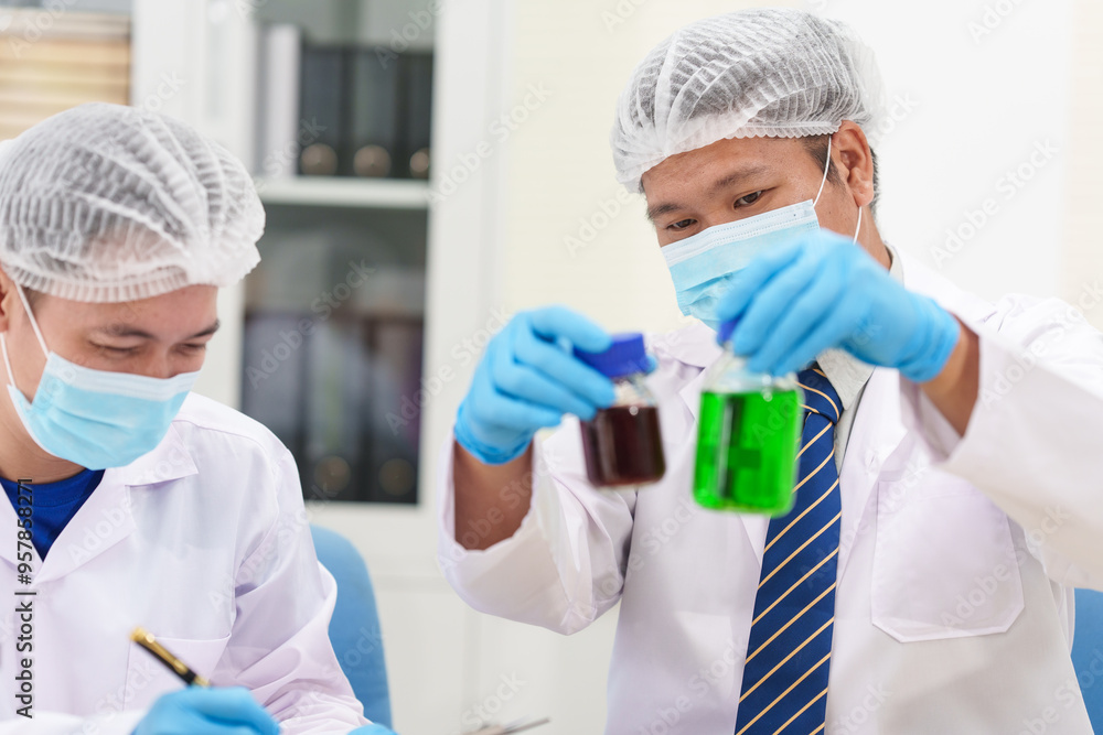 Two Asian scientists in lab coats sit at a table in a laboratory, examining samples through a microscope. The room is equipped with scientific tools, liquids, and chemistry materials. Two Asian scientists in lab coats sit at a table in a laboratory, examining samples through a microscope. The room is equipped with scientific tools, liquids, and chemistry materials.
