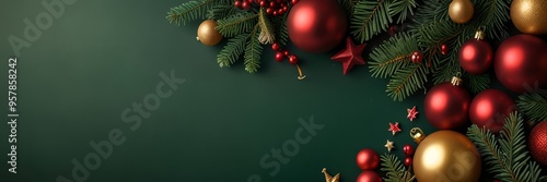 Christmas Green Background with Fir Tree and Decorations