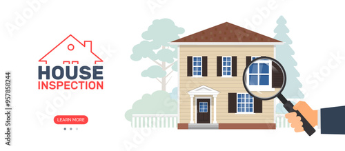 house inspection banner design hand holding magnifying glass checking real estate  vector illustration