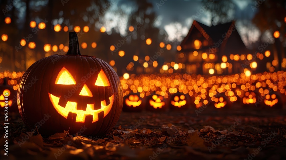 Enchanting Halloween Village Square with Glowing Jack-o'-Lanterns and Copy Space, Selective Focus, Ultra HD Enchanting Halloween Village Square with Glowing Jack-o'-Lanterns and Copy Space, Selective Focus, Ultra HD