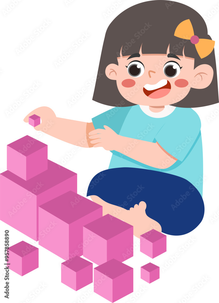 Kid Playing Pink Tower Montessory Kid Playing Pink Tower Montessory
