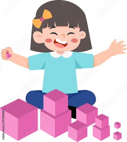 Kid Playing Pink Tower Montessory photo