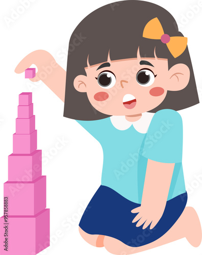 Kid Playing Pink Tower Montessory photo