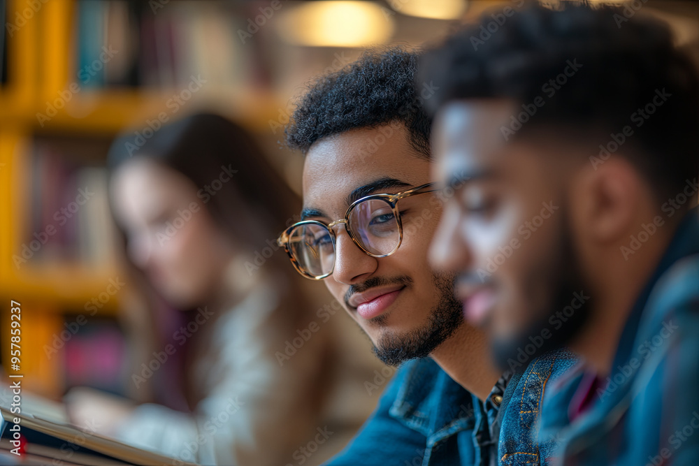 Obraz premium Group of multiracial students studying together in a library