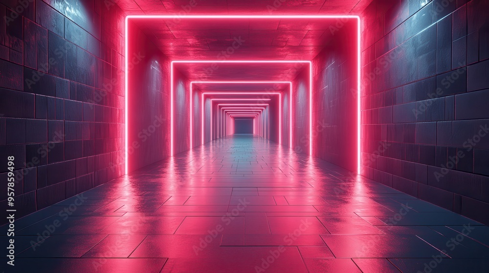 3D rendering of an abstract neon background featuring an empty square tunnel with pink glowing lines, a long corridor, and a road performance stage with reflections in ultraviolet light. 3D rendering of an abstract neon background featuring an empty square tunnel with pink glowing lines, a long corridor, and a road performance stage with reflections in ultraviolet light.