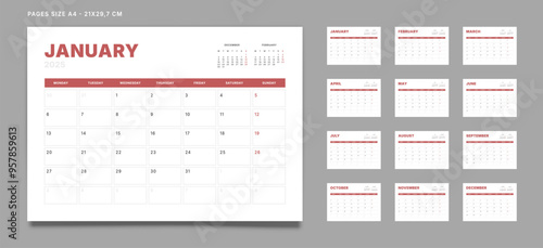 Set of 12 Pages Monthly Calendar Planner Templates on 2025 year. Vector mockup of a wall or desktop calendar with the week start on Monday for print. Pages size A4 -21x29.7cm
