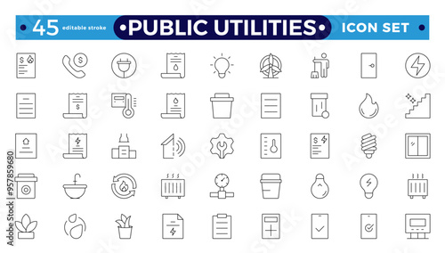 Public utilities, service. Set of Outline icons in linear style. Electricity, water supply, gas supply, drainage, garbage removal, major repairs, cold, hot water. Editable stroke outline icon.