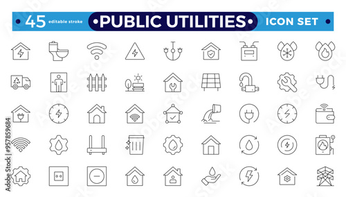Public utilities, service. Set of Outline icons in linear style. Electricity, water supply, gas supply, drainage, garbage removal, major repairs, cold, hot water. Editable stroke outline icon.