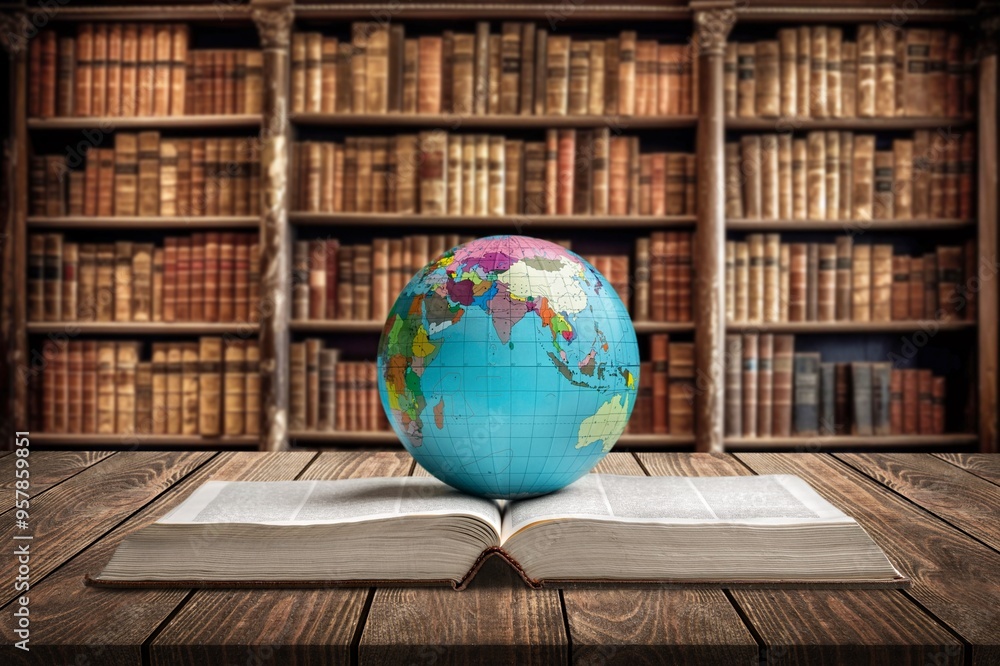 Old globe on open book in modern library. Old globe on open book in modern library.
