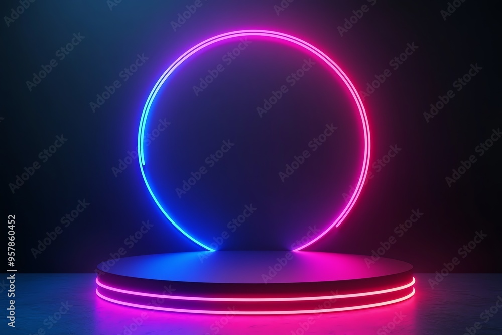 Neon Circle and Platform Display with Blue and Pink Lighting Neon Circle and Platform Display with Blue and Pink Lighting