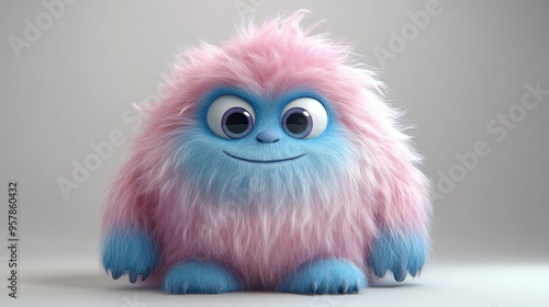 3D rendering of a pink and blue hairy yeti cartoon character, a funny furry Halloween monster, isolated on a white background.