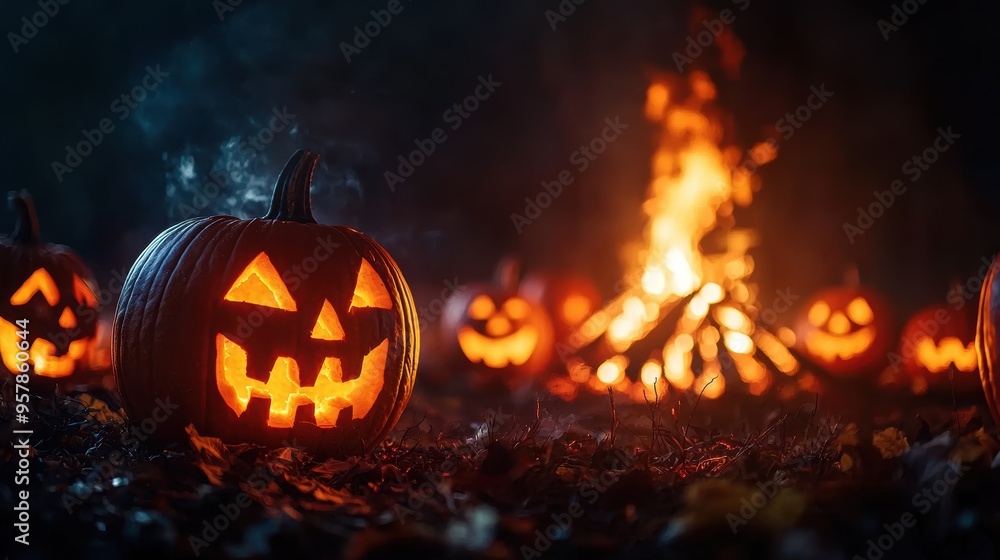 Illuminated Pumpkin Harvest Festival at Bonfire Night with Copy Space, Selective Focus in Ultra HD Illuminated Pumpkin Harvest Festival at Bonfire Night with Copy Space, Selective Focus in Ultra HD