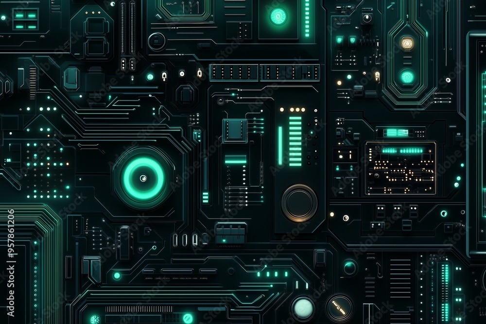 A futuristic network hub, with digital data streams, circuit board patterns, and glowing nodes. A futuristic network hub, with digital data streams, circuit board patterns, and glowing nodes.
