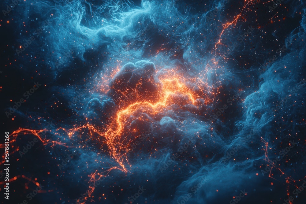 Dramatic cosmic cloud formation with fiery explosion and glowing energy Dramatic cosmic cloud formation with fiery explosion and glowing energy
