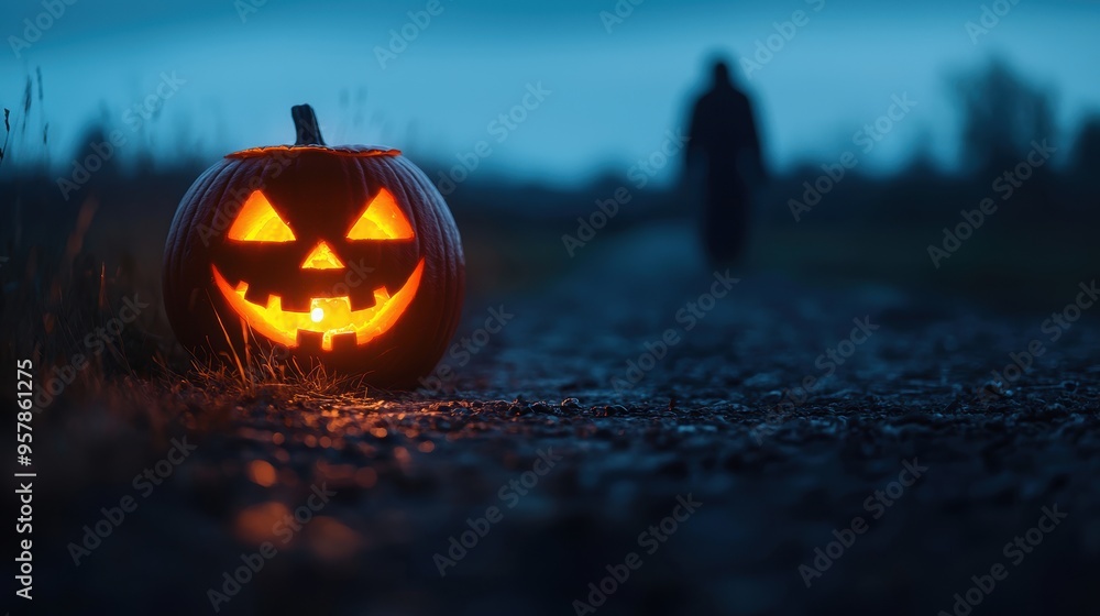 Mysterious Ghostly Figure with Glowing Jackolantern Head on Haunted Lonley Road at Night with Copy Space, Selective Focus, Ultra HD Mysterious Ghostly Figure with Glowing Jackolantern Head on Haunted Lonley Road at Night with Copy Space, Selective Focus, Ultra HD