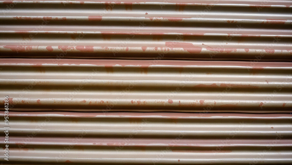 Obraz premium A close-up view of a weathered metal shutter with rust and peeling paint. Perfect for industrial and urban decay themes. Great for textures, backgrounds, or design projects needing a grungy aesthetic.