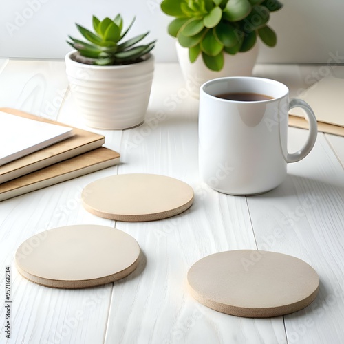Three round. rustic coasters on a white table. ready to protect your surfaces.