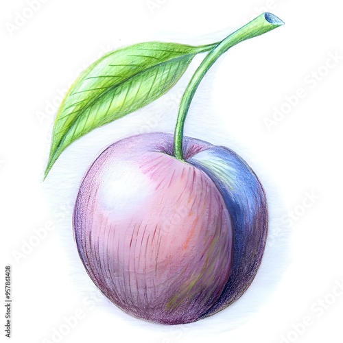 A hand drawn illustration of a single damson plum with a leaf. rendered in vibrant colors using pencil.