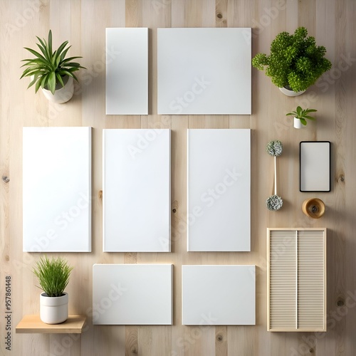 Blank mockups on a light wooden background.