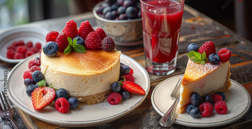 A slice of cheesecake with strawberries blueberries A slice of cheesecake with strawberries blueberries