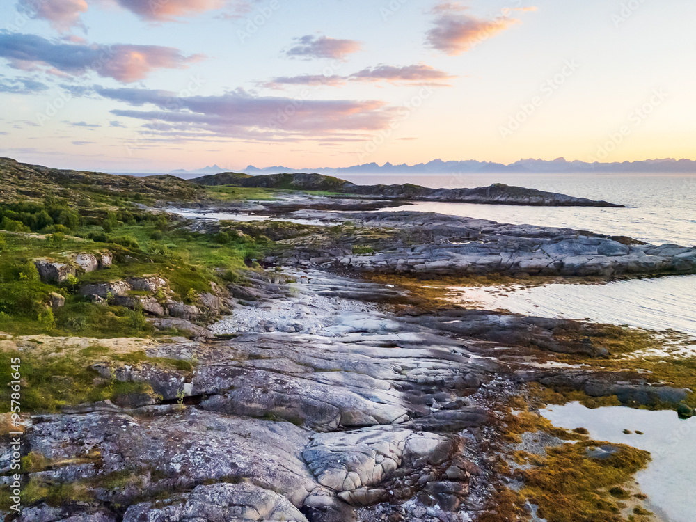 Obraz premium Norway natural landscape in the north, Norland, Hamaroy area. Beautiful aerial landscape of Northern Norway with sea and mountains in Scandinavia by drone