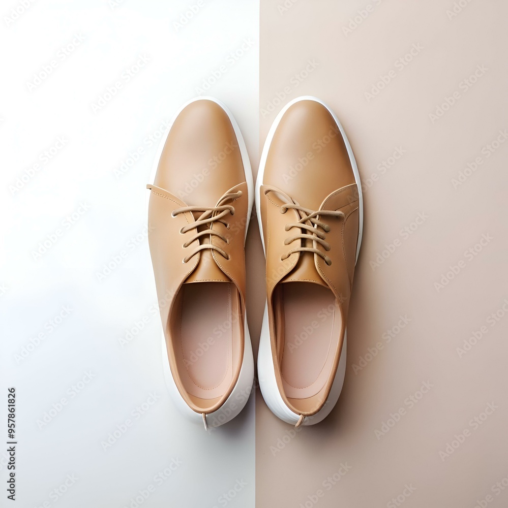A pair of stylish brown leather shoes with white soles. arranged on a neutral background. ideal for fashion blogs. e commerce. or product mockups. A pair of stylish brown leather shoes with white soles. arranged on a neutral background. ideal for fashion blogs. e commerce. or product mockups.