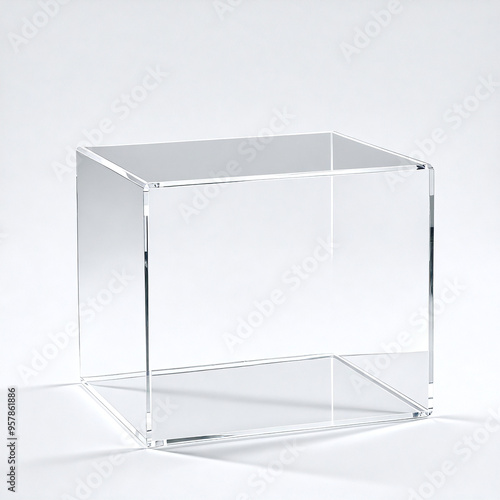 An empty, transparent display case made of acrylic, isolated on a white background. Ideal for showcasing products, minimalist designs, and creative mockups.
