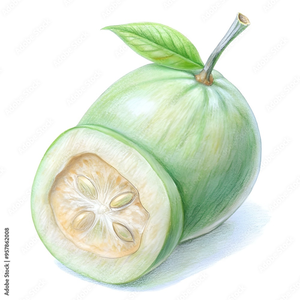 A detailed hand drawn illustration of a whole feijoa fruit and a cut slice. showcasing its vibrant green exterior and juicy. fleshy interior. A detailed hand drawn illustration of a whole feijoa fruit and a cut slice. showcasing its vibrant green exterior and juicy. fleshy interior.