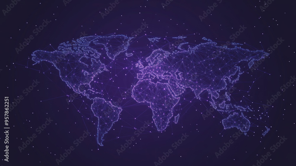 Abstract image of a world map in the form of a starry sky or space, consisting of points, lines, and shapes in the form of planets, stars and the universe. World vector wireframe concept Abstract image of a world map in the form of a starry sky or space, consisting of points, lines, and shapes in the form of planets, stars and the universe. World vector wireframe concept