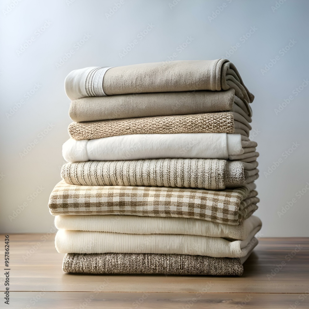 A neatly stacked pile of cozy. neutral toned blankets and throws. perfect for adding warmth and texture to any room. A neatly stacked pile of cozy. neutral toned blankets and throws. perfect for adding warmth and texture to any room.